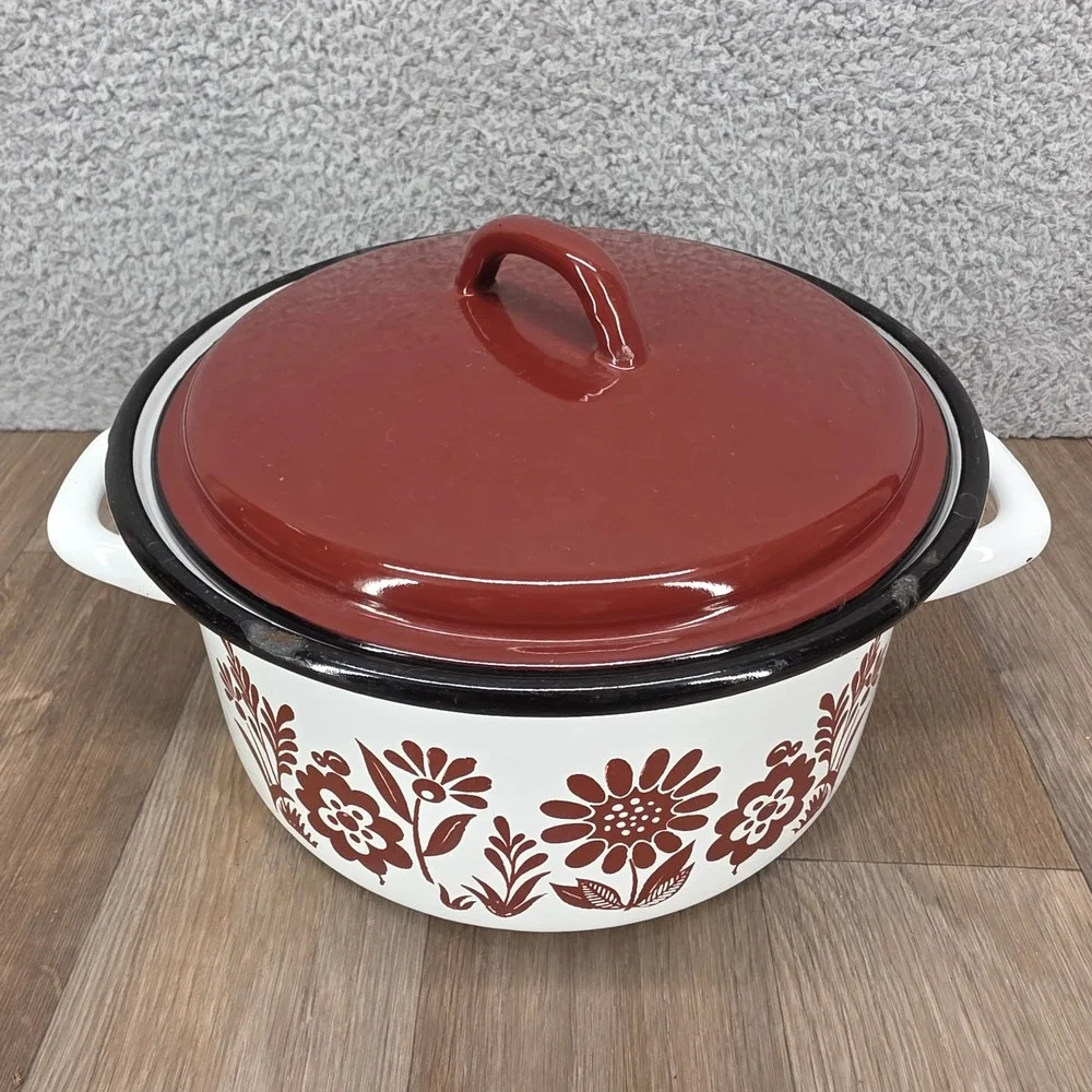 Vintage Floral Enamelware Stock Pot White Brown 24cm Retro Dutch Oven with Lid